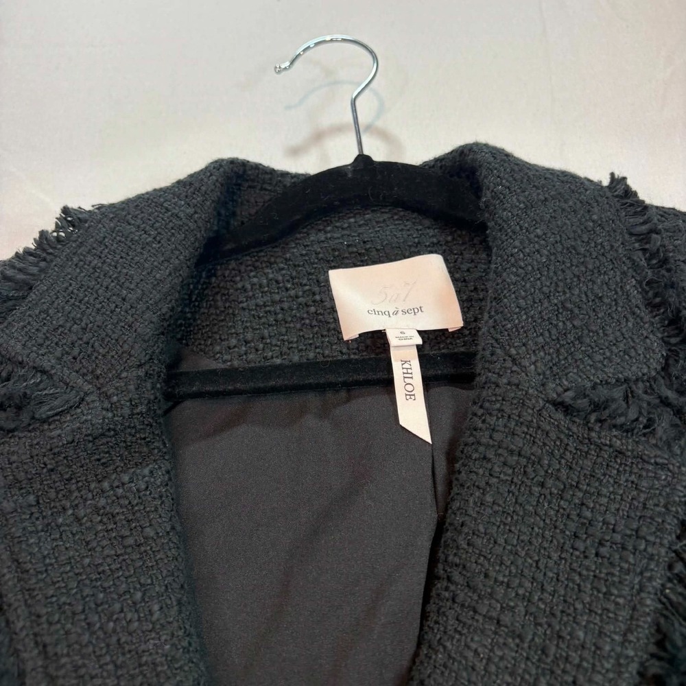Cinq à Sept Khloe Boucle Tweed Blazer Black Frayed Fringe Ruched Sleeve Size 6 - Picture 1 of 3